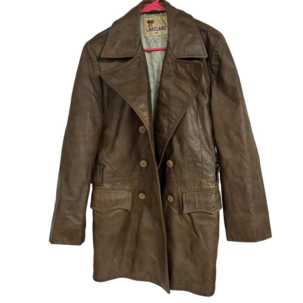 VTG 70s Lakeland Fight Club Style Leather Trench Coat Jacket Brown Size 40 - BUB